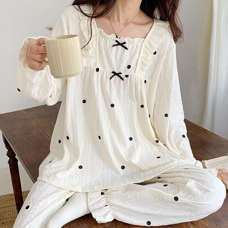 Women Long Sleeve Pajama Sets Sweet Princess Turn Down Collar Cute Sleepwear Korean Lounge Two Pieces Pyjamas Female Homewear