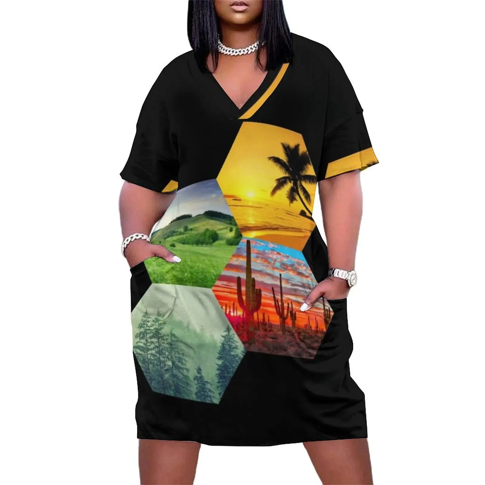 Land Biome Honeycomb шестиугольный дизайн свободное платье с карманами женская одежда