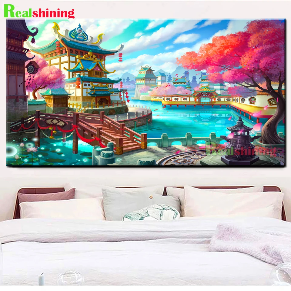 Японский Mt Fuji вишневый цвет храм алмазная живопись дворец мост полная вышивка крестиком Мозаика Сакура вышивка пейзажа J499