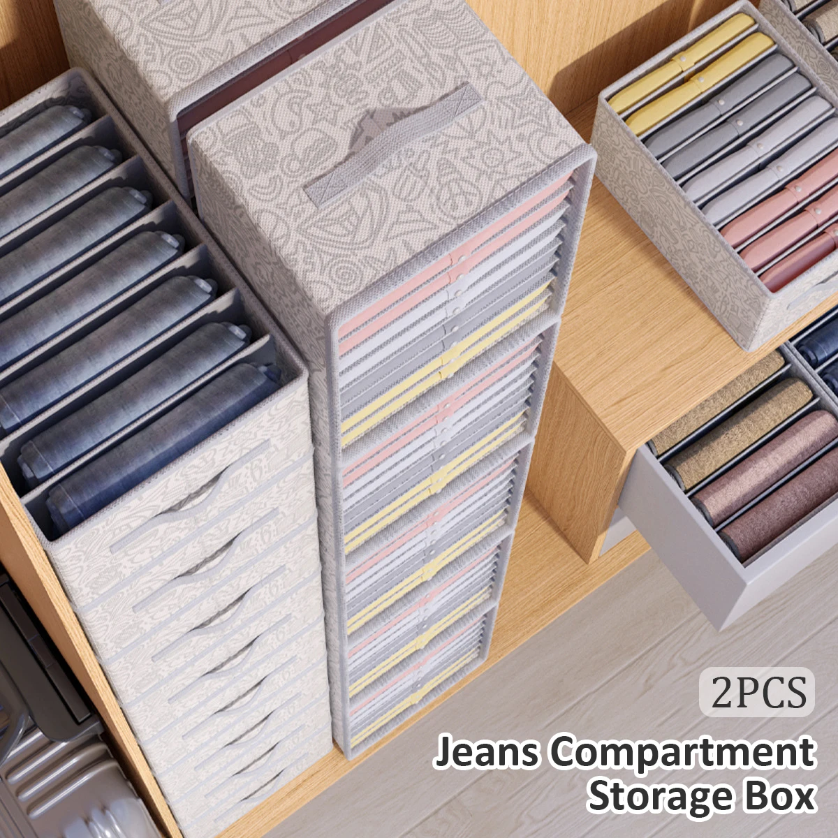 

Clothes Organizer 2pcs Foldable Drawer Organizer Boxes with Handle 7 Grids Fabric Wardrobe Pants Storage Bins Jeans Compartment