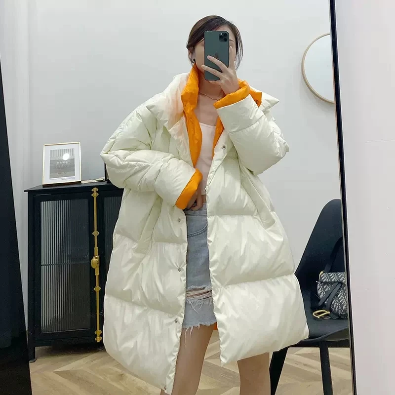 2023 Fashion Winter Down Parka Female Korean Oversized Loose Puffer Jacket Women Long Big Size Warm White Duck Down Coat Mujer