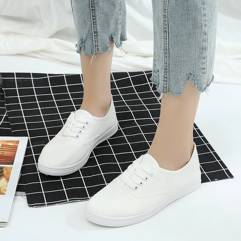 

Canvas Women's Vulcanized Shoes Korean Style Solid Color Lace Up Flats Light Breathable Casual Sneakers Zapatillas Mujer