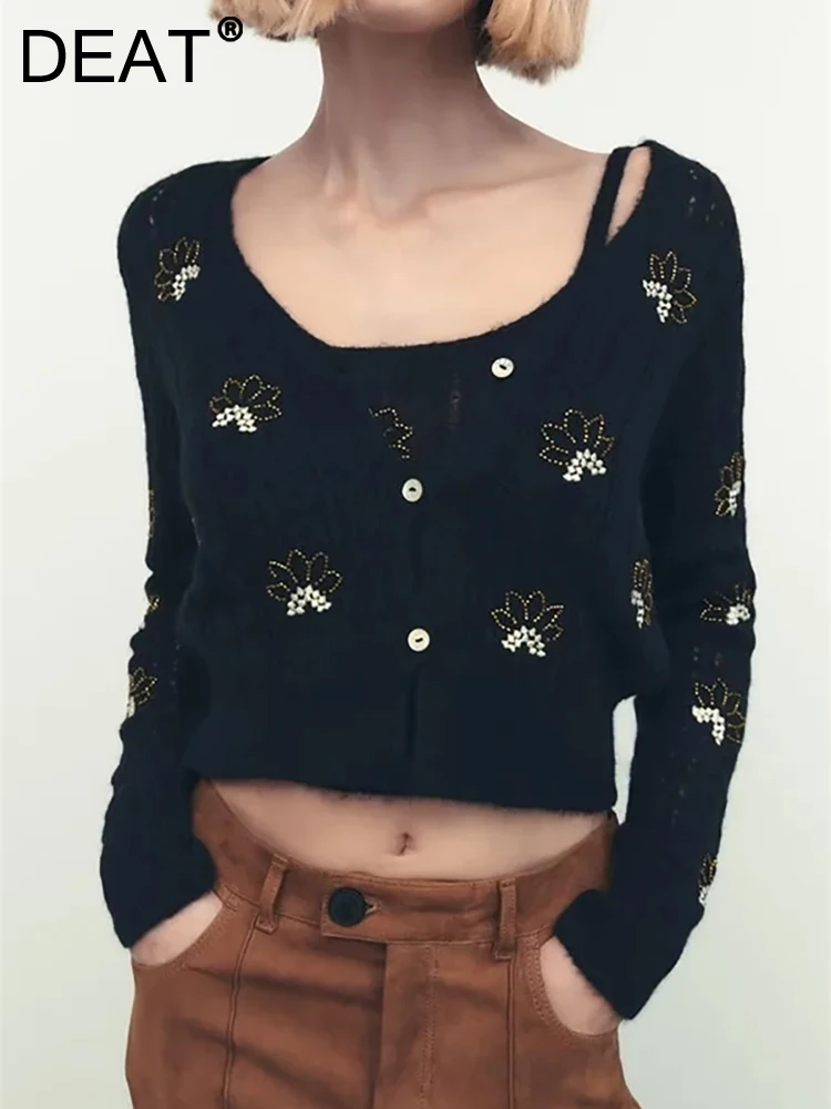 

Женский трикотажный кардиган DEAT, облегающий однобортный Тонкий свитер с глубоким V-образным вырезом и длинным рукавом, пальто с вышивкой, ве...
