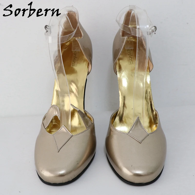 Sorbern Gold Real Leather Women Shoes 14Cm High Heel Round Toe Transparent Ankle Strap Stilettos Pumps Made-To-Order