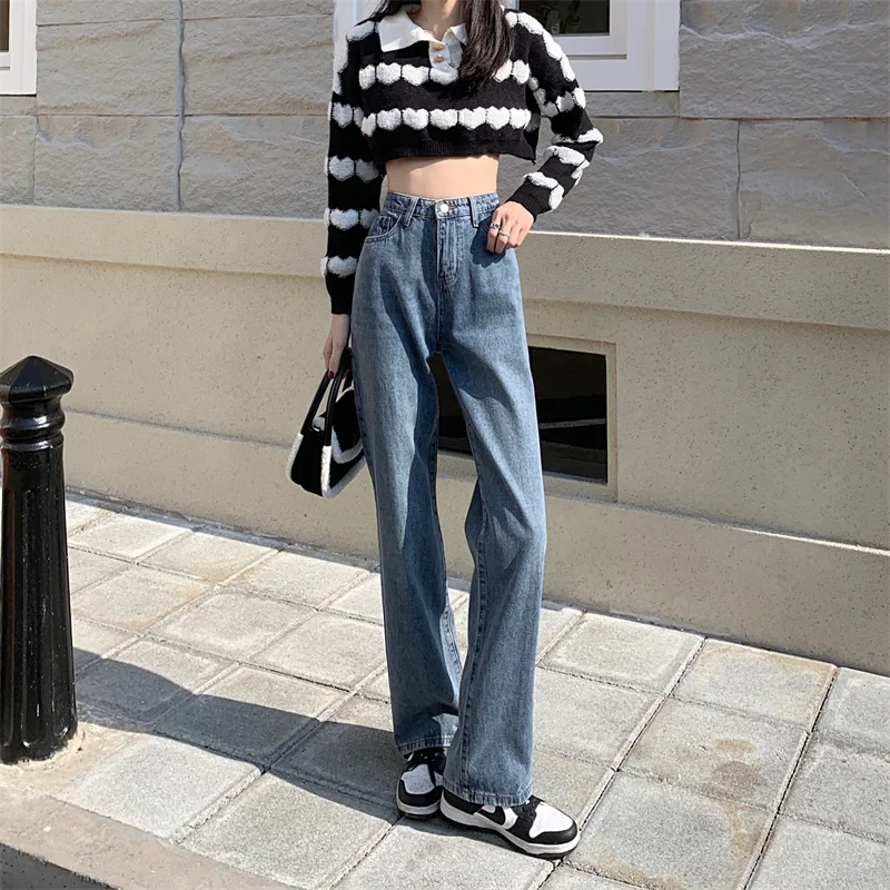 

N1245 New fashion all-match high-waisted slim retro light-colored wide-leg long pants jeans