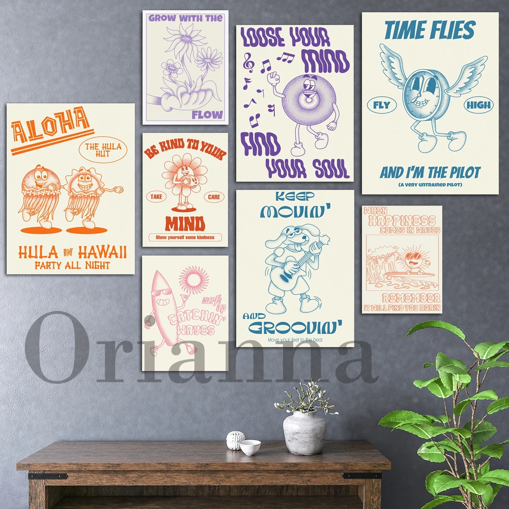 Hawaii Hula Guitar Dog Music Record Funguys Mushroom Picnic Flowers Power Surfer Sun Quote Retro Cartoon Poster Wall Art Print