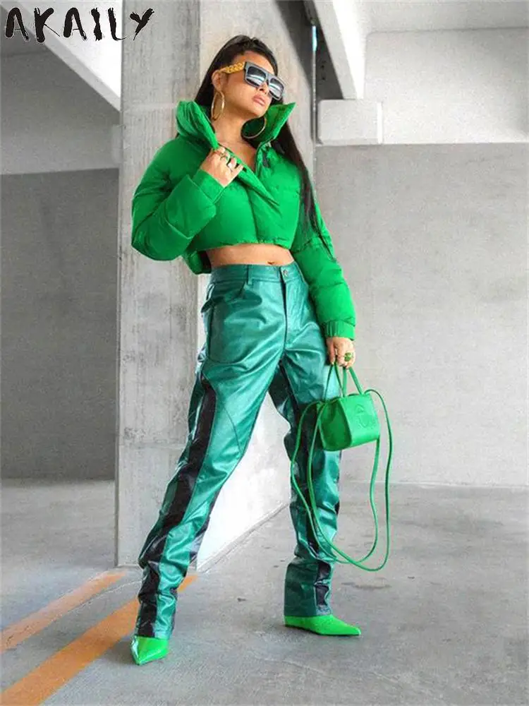 

Akaily Winter Streetwear Green Jackets For Women 2022 Turtleneck Long Sleeve Puffer Jacket Female Black Coat Cropped Jackets