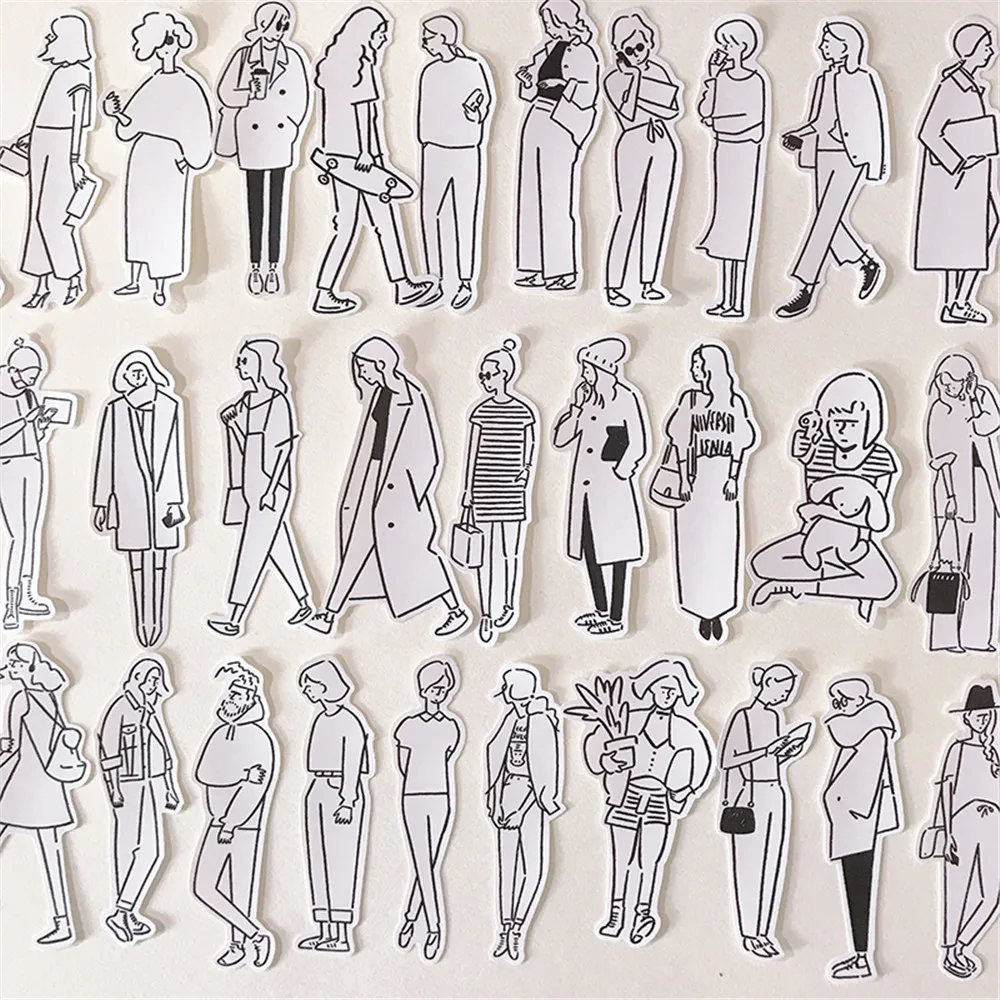 

32pcs/pack Black and White Fashion Girl Stickers Simple Series Scrapbooking DIY Collage Decorations Kawaii Stationery Sticker