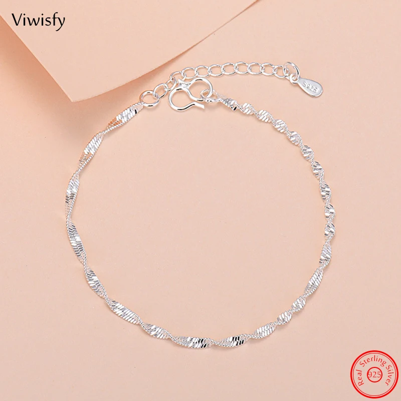 

Viwisfy Real 925 Sterling Silver Bracelets For Women Gift Jewelry Girl New Water Wave Chain Bangles VW22117