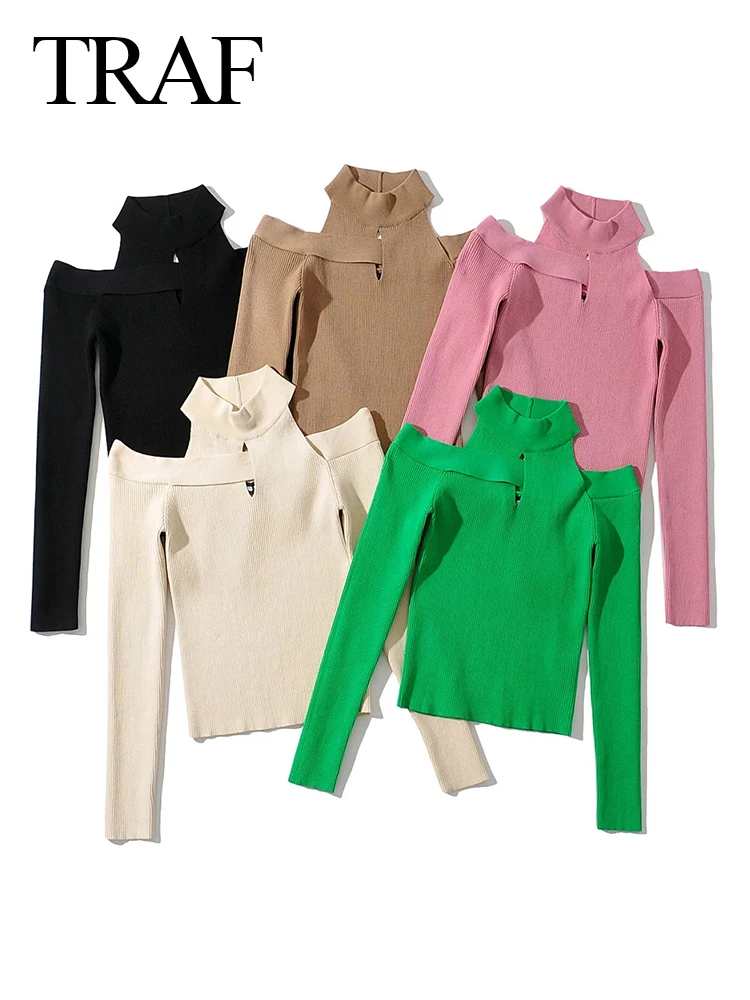 

Женский трикотажный свитер с открытыми плечами и длинным рукавом