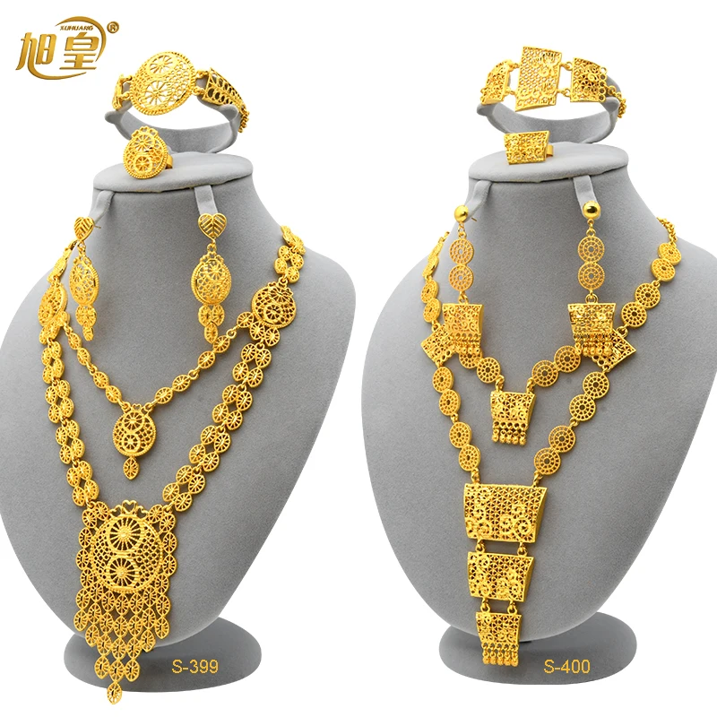 

XUHUANG African Fashion 24k Gold Plated Necklace Jewellery Sets Dubai indian Charm Jewelry Set Nigerian Bridal Wedding Gifts