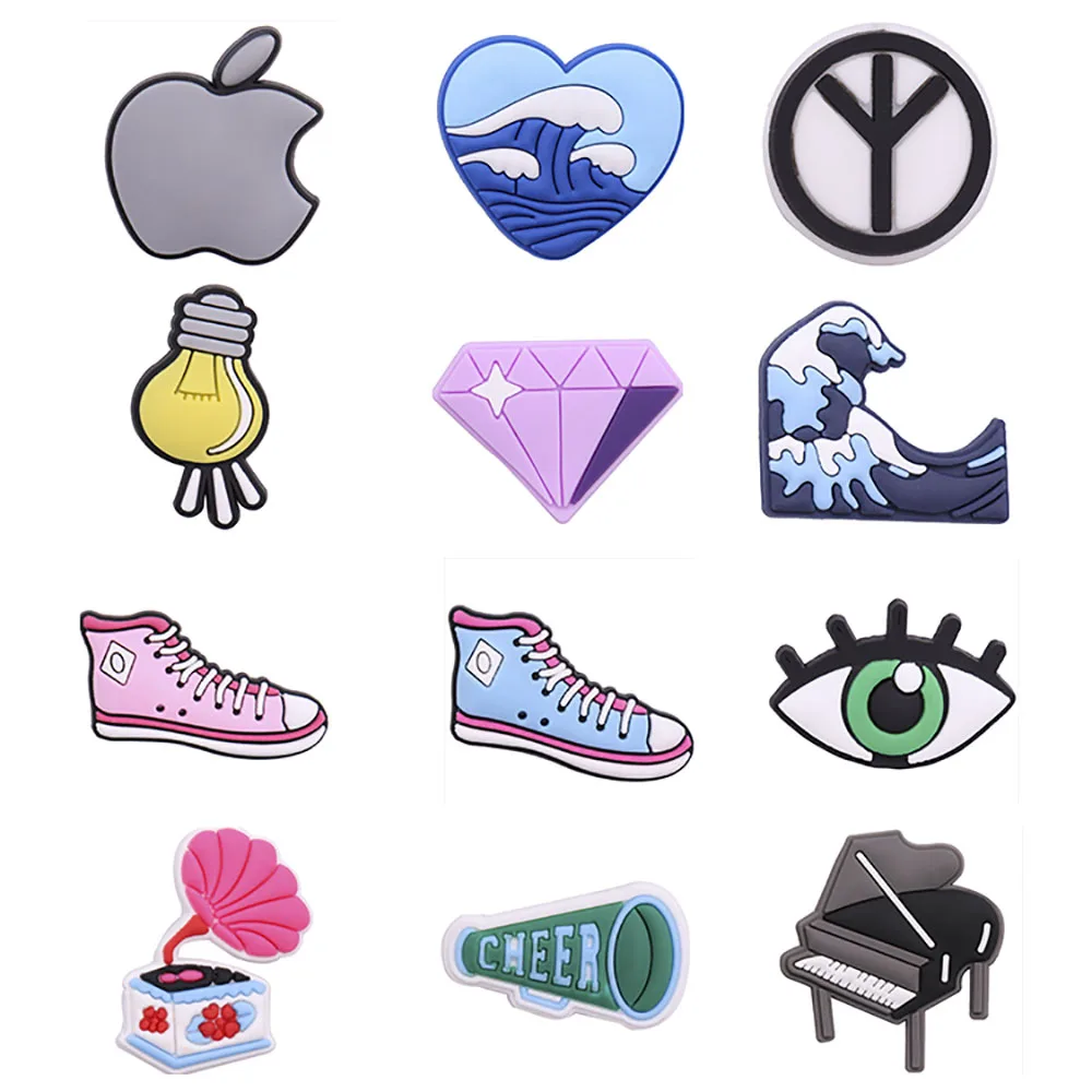 

1-12Pcs Hokkaido Diamond Piano Wave Peace Love Special Icon PVC Shoes Decorations Croc Jibz Buckle Fit Wristband Backpack