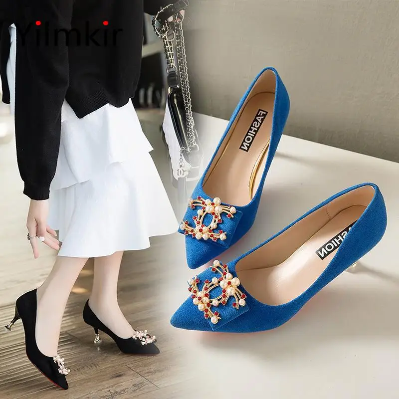 

Модные женские туфли на высоком каблуке с классической пряжкой, Нескользящие, повседневные, популярные, легкие, украшенные бисером, универс...