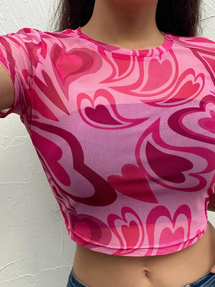 Футболка Vrouwen Zomer Roze Hart Gedrukt Esthetiek See Through Mesh Koreanaanse Korte Mouw Voor Zoete Kawaii Meisjes 2024