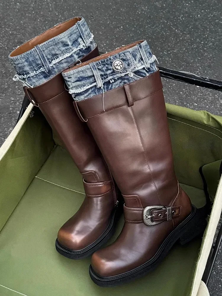 Сплай ​ Коричневые высокие сапоги из материала с квадратным носком винтажные