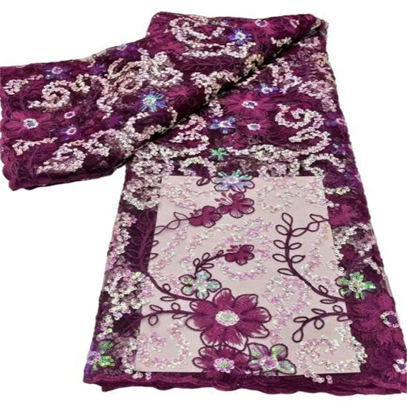 

2023 Fuchsia Sequins Lace Fabric High Quality African French Mesh Lace Fabric Nigerian Sequence Lace Fabric for Bridal Dress
