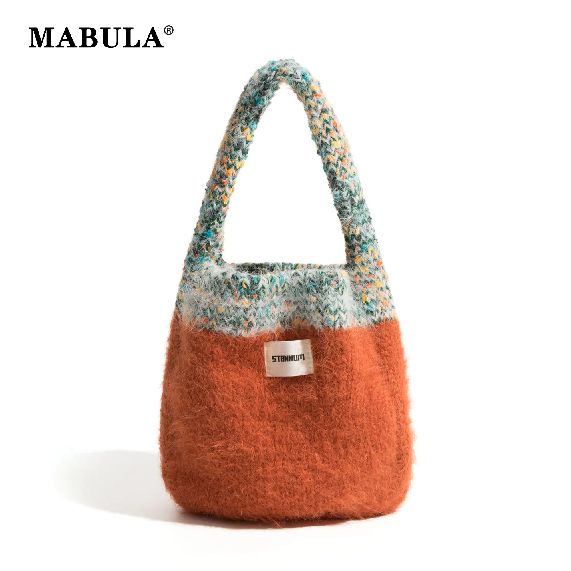 

MABULA Bohemian Knit Girl's Tote Bag Colorful Plush Crochet Handbag Elegant Winter Women's Daily Purse Winter 2023