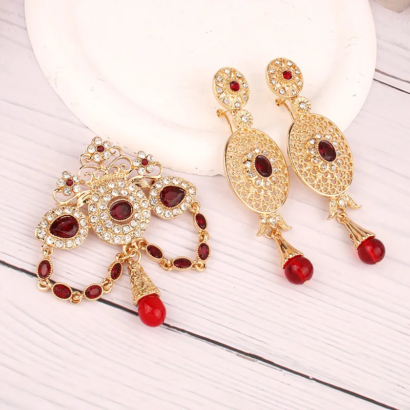 

Moroccan Wedding Jewelry Brooch Earrings Set Crystal Brooch Algeria Bridal Accessories Wholesale Brooches for Women's Clothing