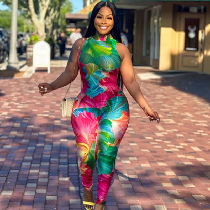 Пикантный Облегающий комбинезон с принтом женский элегантный без рукавов