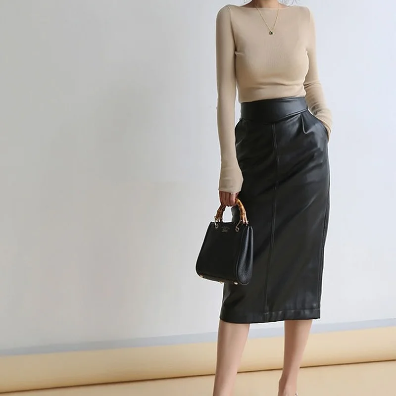 

Back Slit Pu Faux Leather Midi Wrap Straight Skirt Korean Wild Sexy Tight Black Brown Zipper Women Office Lady Y2K Saia X109