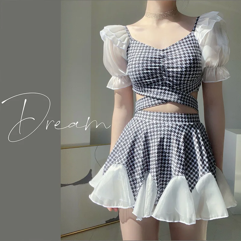 

2023 Luxury Women Sweet Plaid Checkered Ruffle Sleeve Swimwear Two-Piece Swimsuit Korean Style Houndstooth Beachwear Monokini