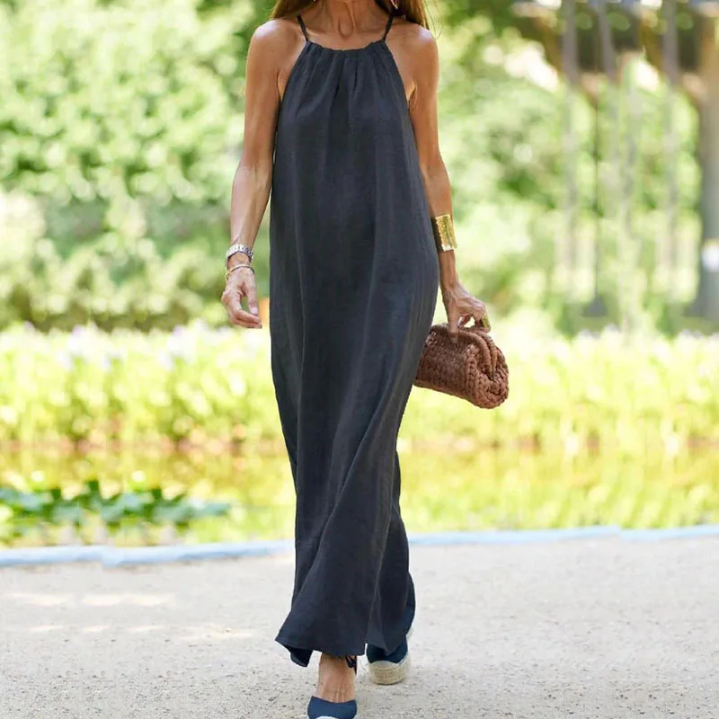 

Elegant Hanging Neck Solid Long Dress Women Sexy Sleeveless Backless Party Dress 2023 Summer Casual Loose Beach Dresses Vestidos
