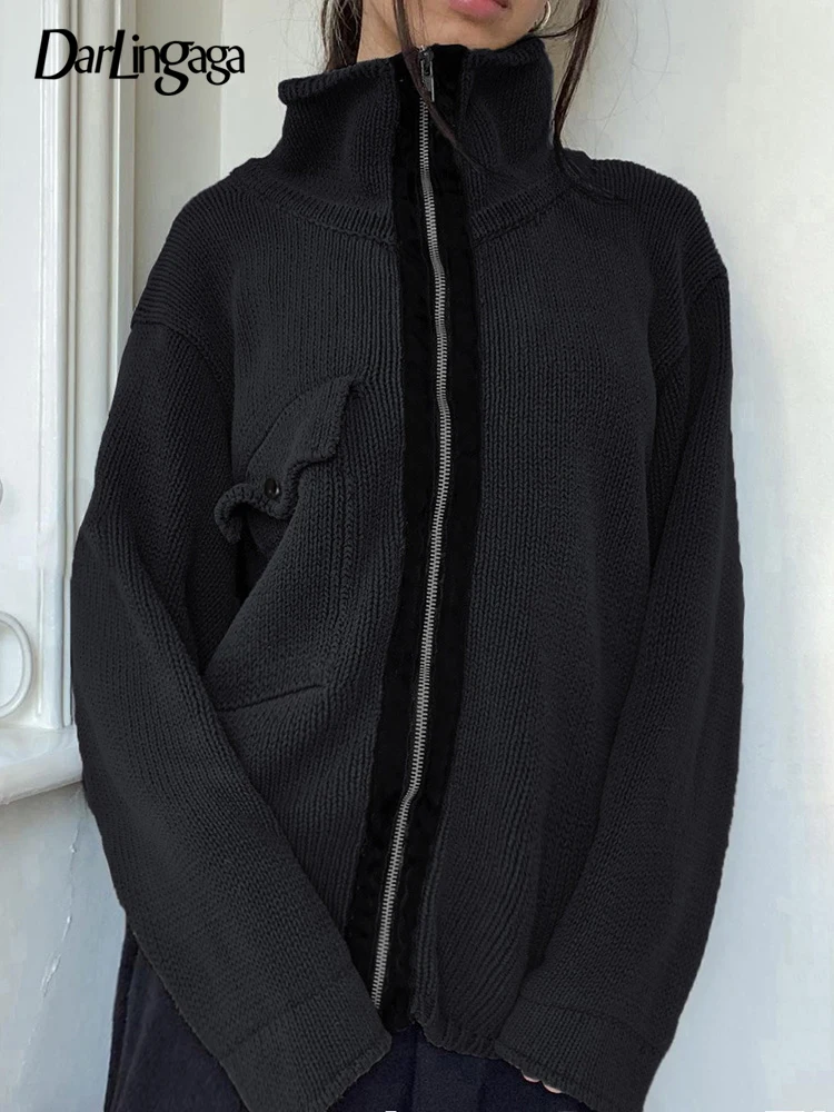 

Толстый свитер на молнии Darlingaga Grunge в стиле ретро, вязаные кардиганы, модный кардиган в стиле карго, свитер с высоким воротником, пальто, наря...