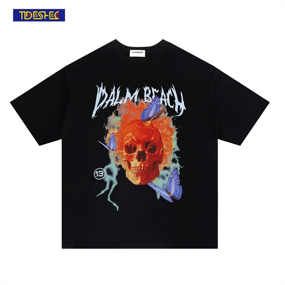 

Футболка мужская с принтом пламенного черепа, уличная одежда в стиле хип-хоп, хлопковая Свободная рубашка в стиле Харадзюку, топы с коротким...