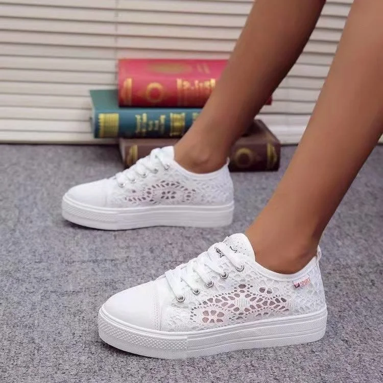 

Women Shoes 2023 Fashion Summer Casual White Shoes Cutouts Lace Canvas Hlow Breathle Platform Flat Shoes Woman Sneakers