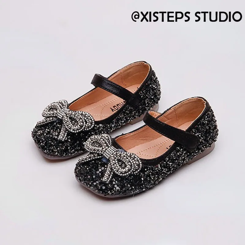 

XISTEPS роскошные кожаные туфли для девочек, украшенные бисером, детские туфли для девочек, Нескользящие свадебные туфли для маленьких девочек, розовые, серебристые, черные