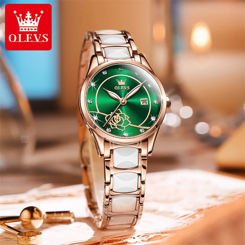 OLEVS Luxury Imported Movement Quartz Watch Bracelet Necklace Suit Womens Watches Top Brand Fashion Diamond Ceramic Wristwatch