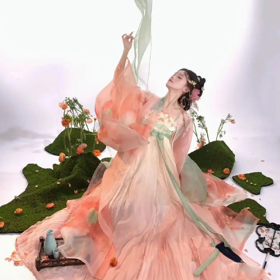 Розовая Женская рубашка Hanfu Tang Yu beauty с большими рукавами китайские элементы тюль