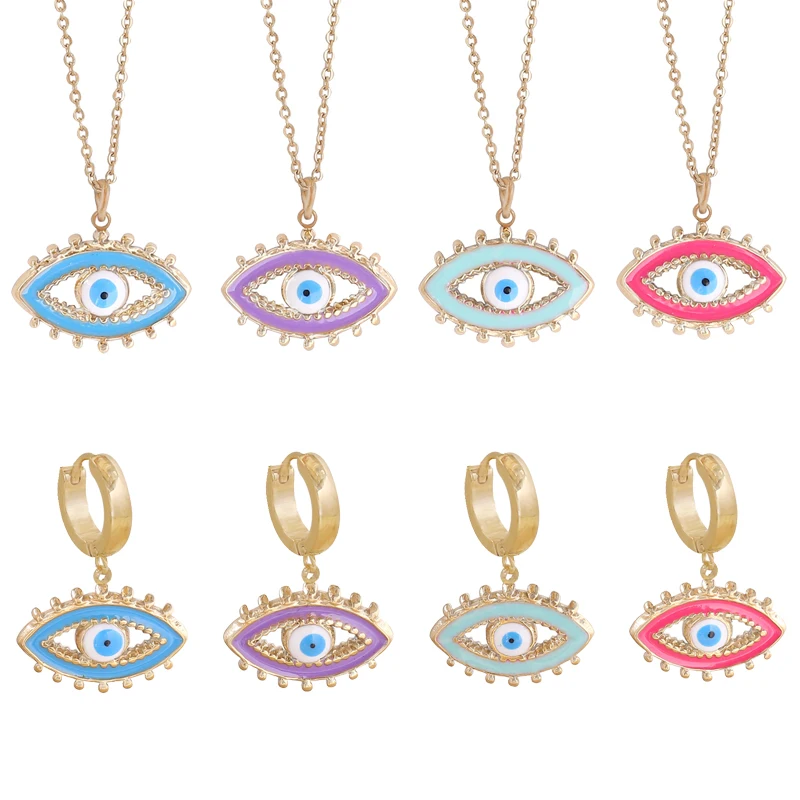 

Bohemia Evil Blue Eye Gold Plated Round Coin Stud Earrings Necklace For Women Party Cubic Zirconia Jewelry Stainless Steel Gifts