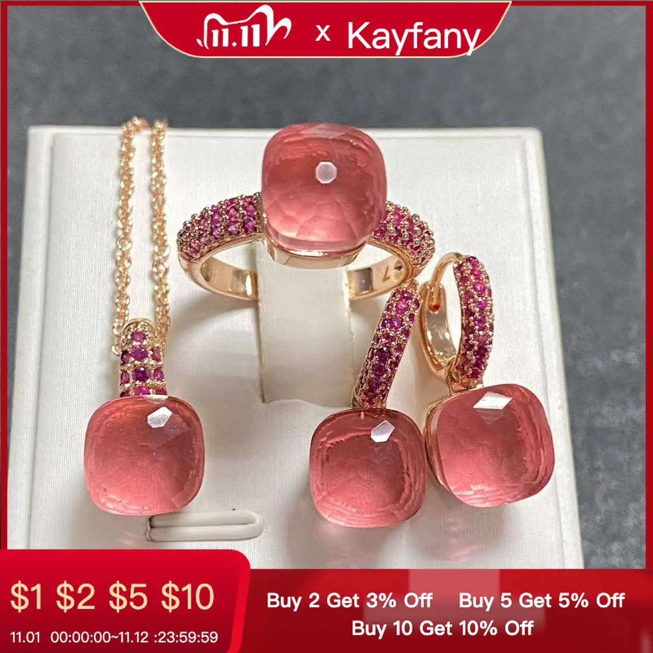 

3Pcs/Set Women Ring Earrings Necklace Jewelry Set Inlay Purple Zircon Crystal Jewelry Set Rose Gold Plated Fashion Jewelry Gift