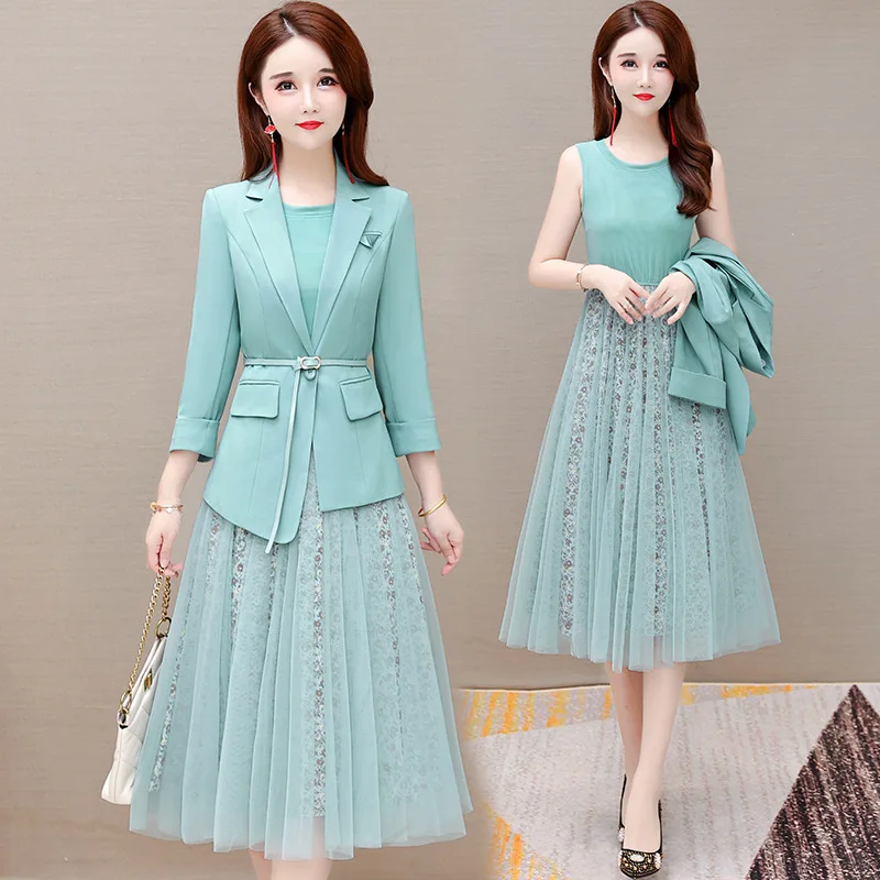 Spring Autumn Suit Jacket Dress Two Piece Women Elegant Mesh Skirt Blazers Coat Set Korean Fashion Professional Wear To Work