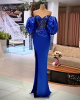 royal blue prom dresses 2022 luxury evening gowns for women elegant party puff slieeve mermaid formal dress slit vestido festa
