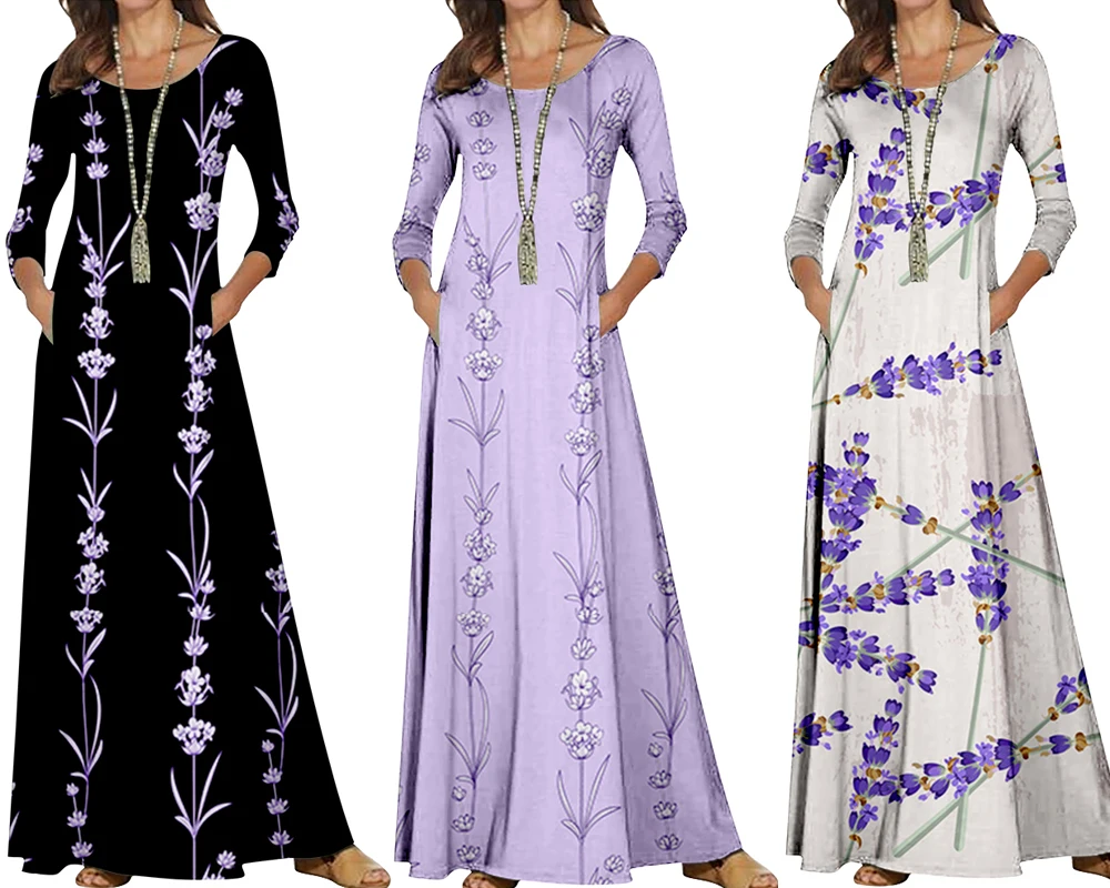 

2022 Summer Women's Three-quarter Sleeves Round Neck Fashion Lavender Print High Waist Elegant Dress