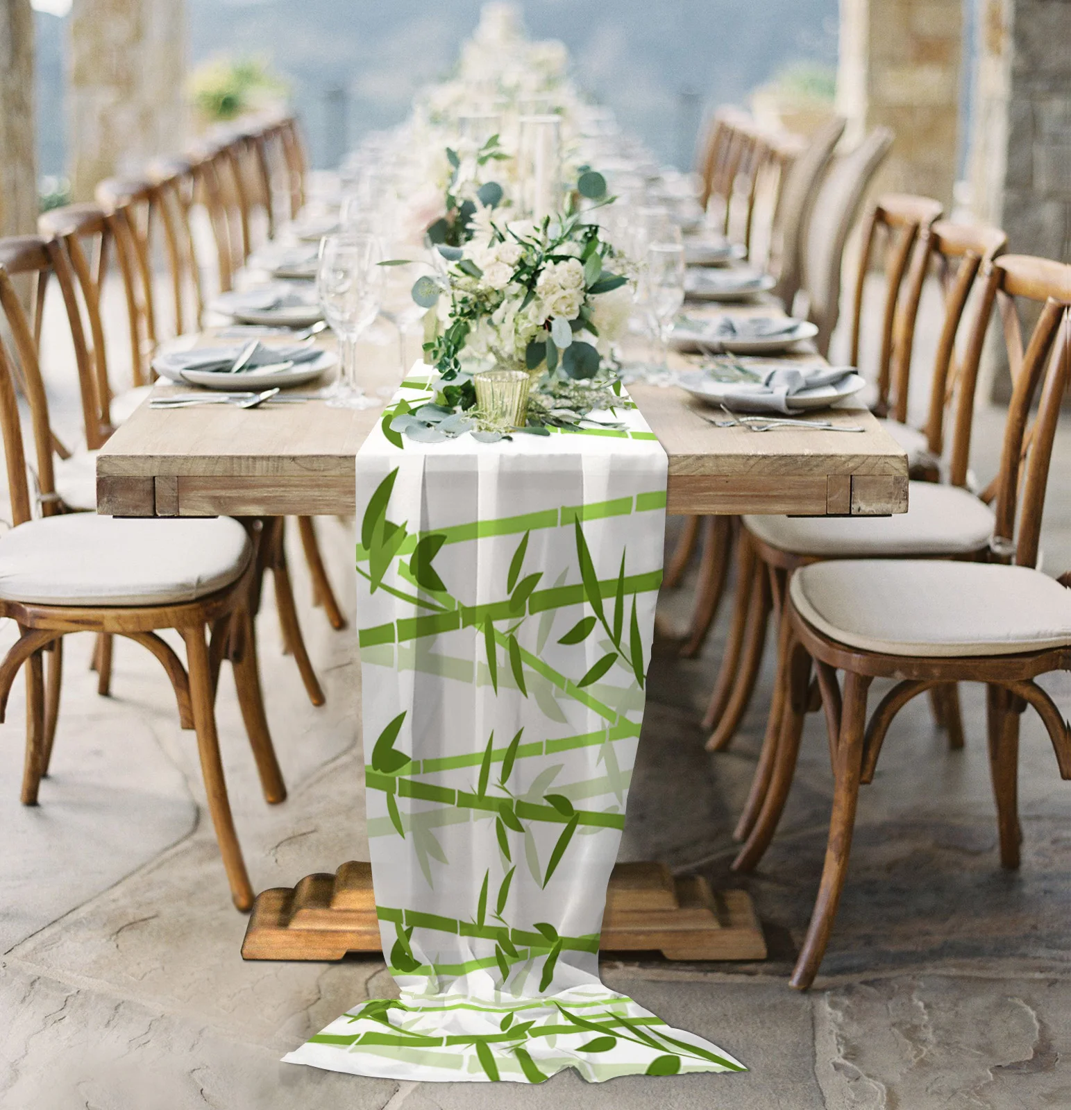 

Bamboo Illustration Simple Sheer Chiffon Table Runner Wedding Party Birthday Luxury Voile Tablecloth Home Decoration