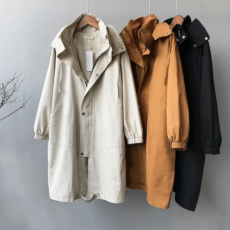 

2022 Spring New Khaki Hooded Windbreaker Female Long Section Korean Casual Chic Jacket