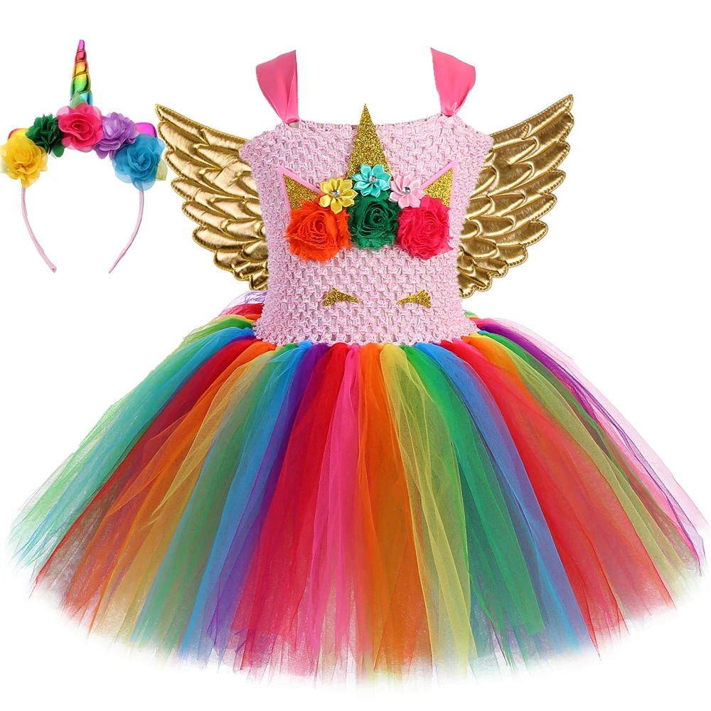 

Girls Unicorn Dress Rainbow Tulle Fancy Princess Tutu Dress Up Children Birthday Party Clothes Kids Halloween Costumes Outfit