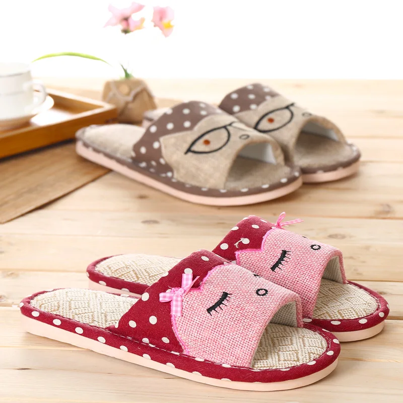 

Women New Style Home Linen Striped Slip Slippers Summer Cartoon Glasses Floor Shoes Women High Quality Flax Slippers