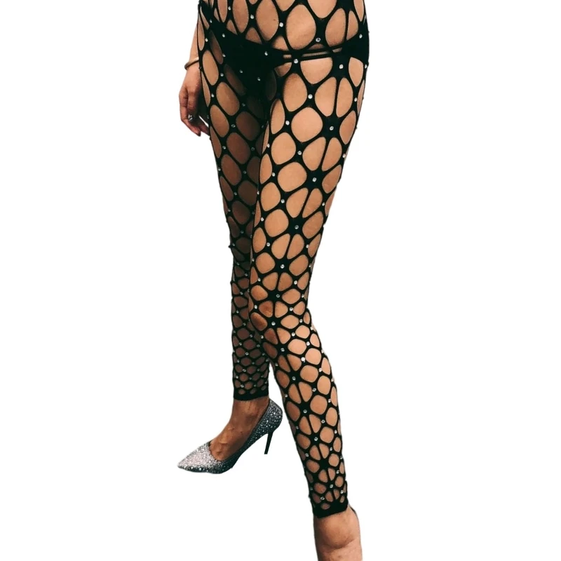 

Women Sexy Hollow Out Fishnet Tights Glitter Rhinestone Footless Pantyhose See Through Mesh Holes Stockings Leggings