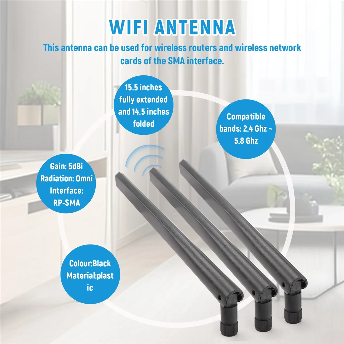 3 PCS New Metal WiFi Antenna of RP-SMA Interface with 5DBi 2.4G/5G Dual-Band Wireless Wifi for ASUS RT-AC68U