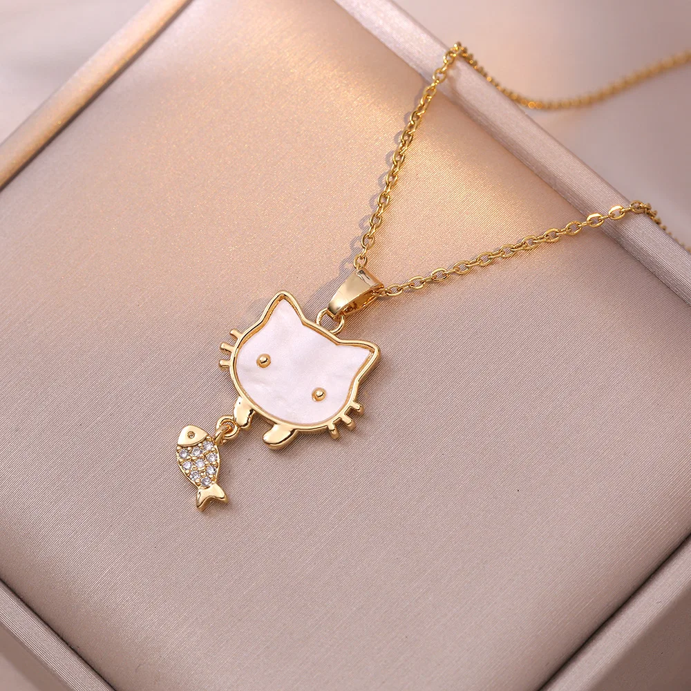 

Cartoon Cute Moonstone Zircon Kitten Fishing Pendant Necklaces Stainless Steel Chain Lovely Cat Accessories Gifts for Friends