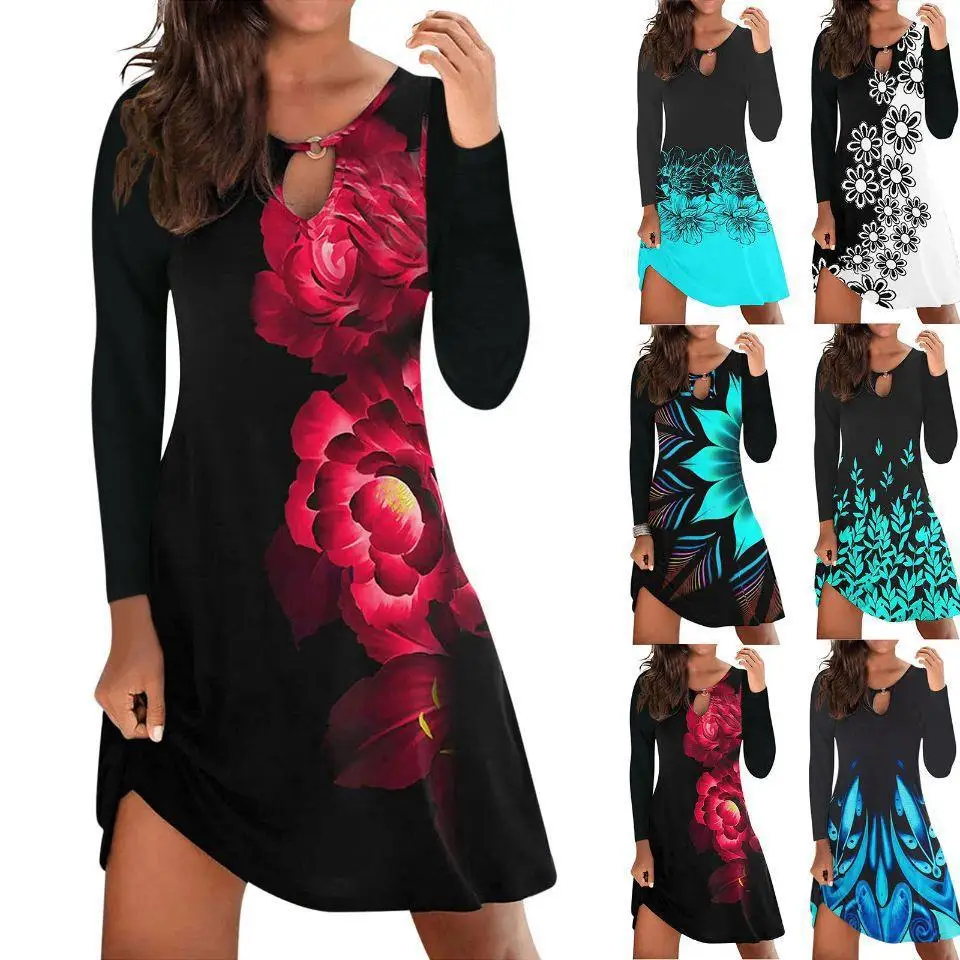 

Women New Loose Vintage Ruffles Casual Full Long Sleeve Befree 5XL Dress Large Big Spring Autumn Hole Printed Party Dresses