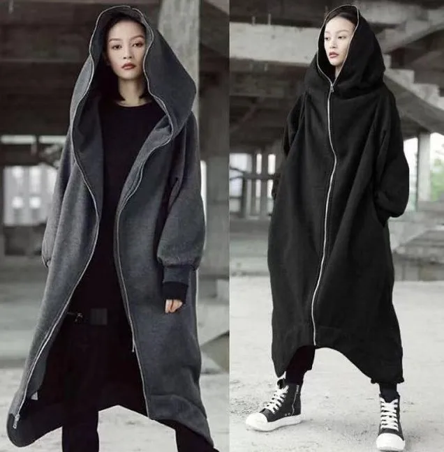 

Women's sweater for fall and winter 2021 new personality street long hooded zipper sweater plus velvet warm women's sweater