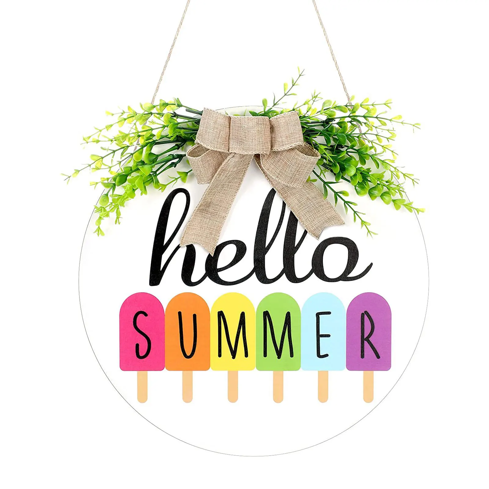 

Здравствуйте, летняя надпись приветствия, подвесная деревянная надпись на входную дверь с искусственными растениями и бантом, летний венок...