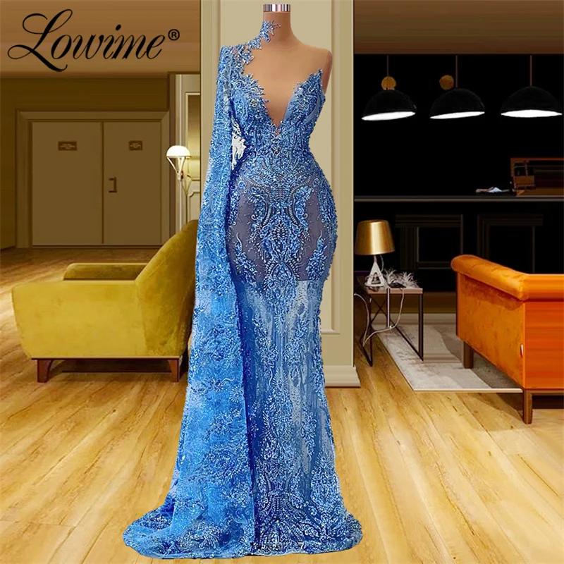 

Lowime Blue One Shoulder Party Dress One Shoulder Customize Long Sleeve Beads Women Evening Gowns 2022 Mermaid Prom Dresses Robe