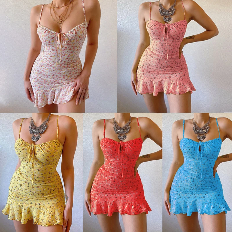 damska seksowna letnia sukienka bez rękawów Modna krótka spódniczka na co dzień z kwiatowym nadrukiem i wstążkami Elastycznoś...