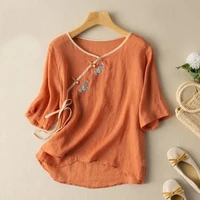 japanese style shirt 2022 summer new retro cotton and linen buckle v neck short sleeve blouse embroidery loose top